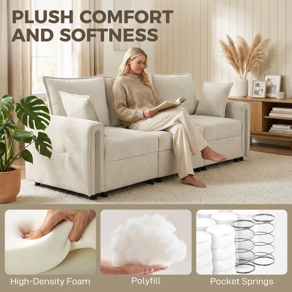 HOMCOM 3 Seater Sofa with Lift-Up Storage, 228 cm Velvet Couch, Beige 4