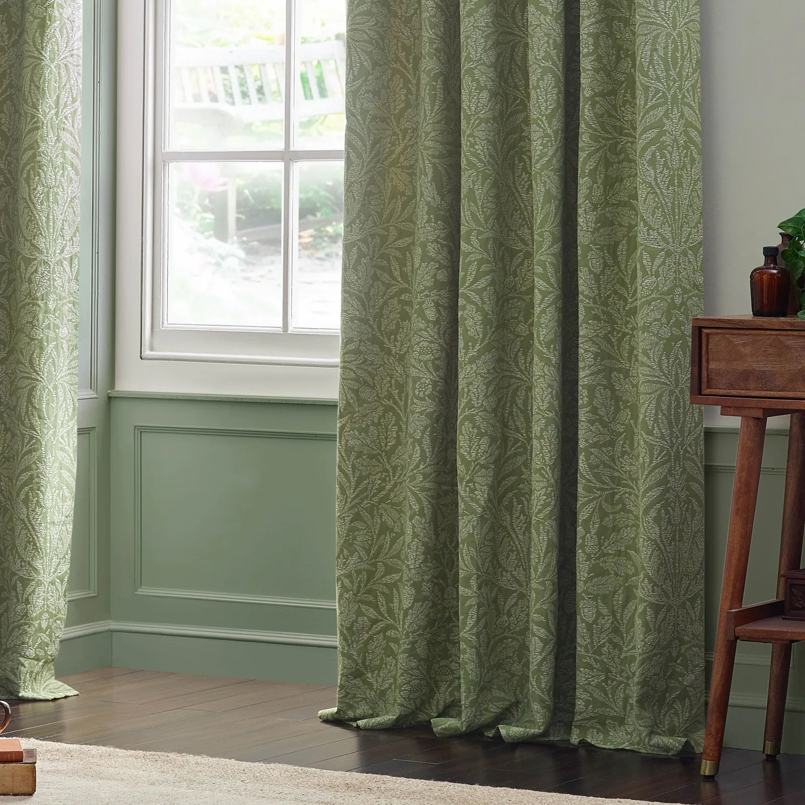 Morris & Co Acorn Tonal Fully Lined Matt Jacquard Pencil Pleat Curtains in Green 4