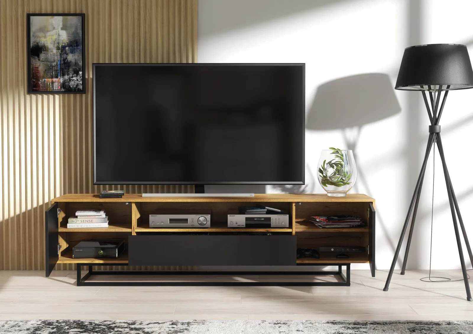 Creative Furniture Rift Loft TV Unit 200cm - Industrial-Style Storage with Rustic, Oak & Black Matt Doors 6