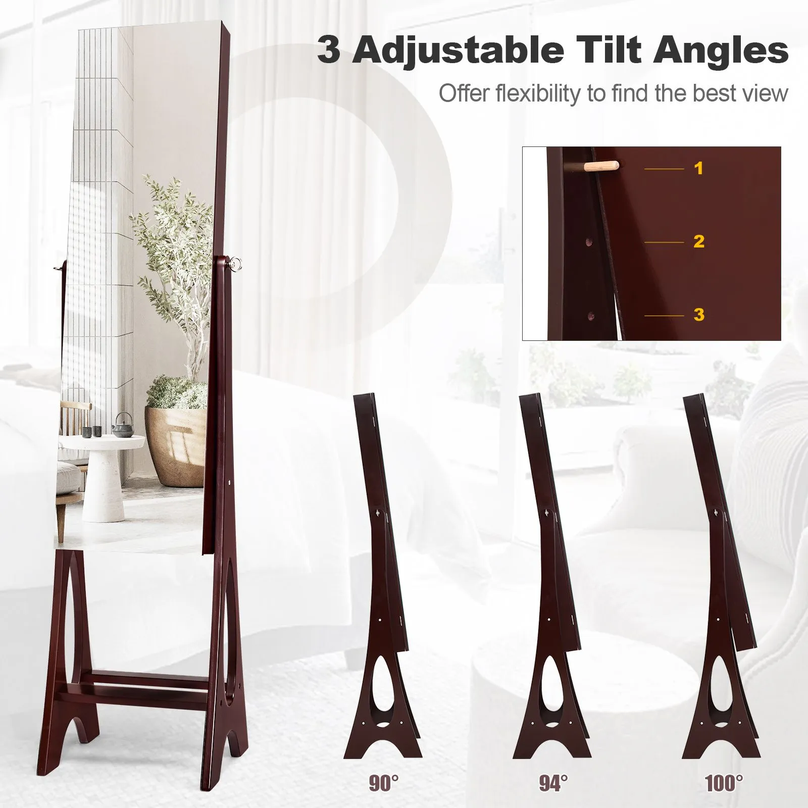 Costway Freestanding Mirror Jewelry Cabinet Organizer W/ Full Length Mirror Built-in LED in Brown 4