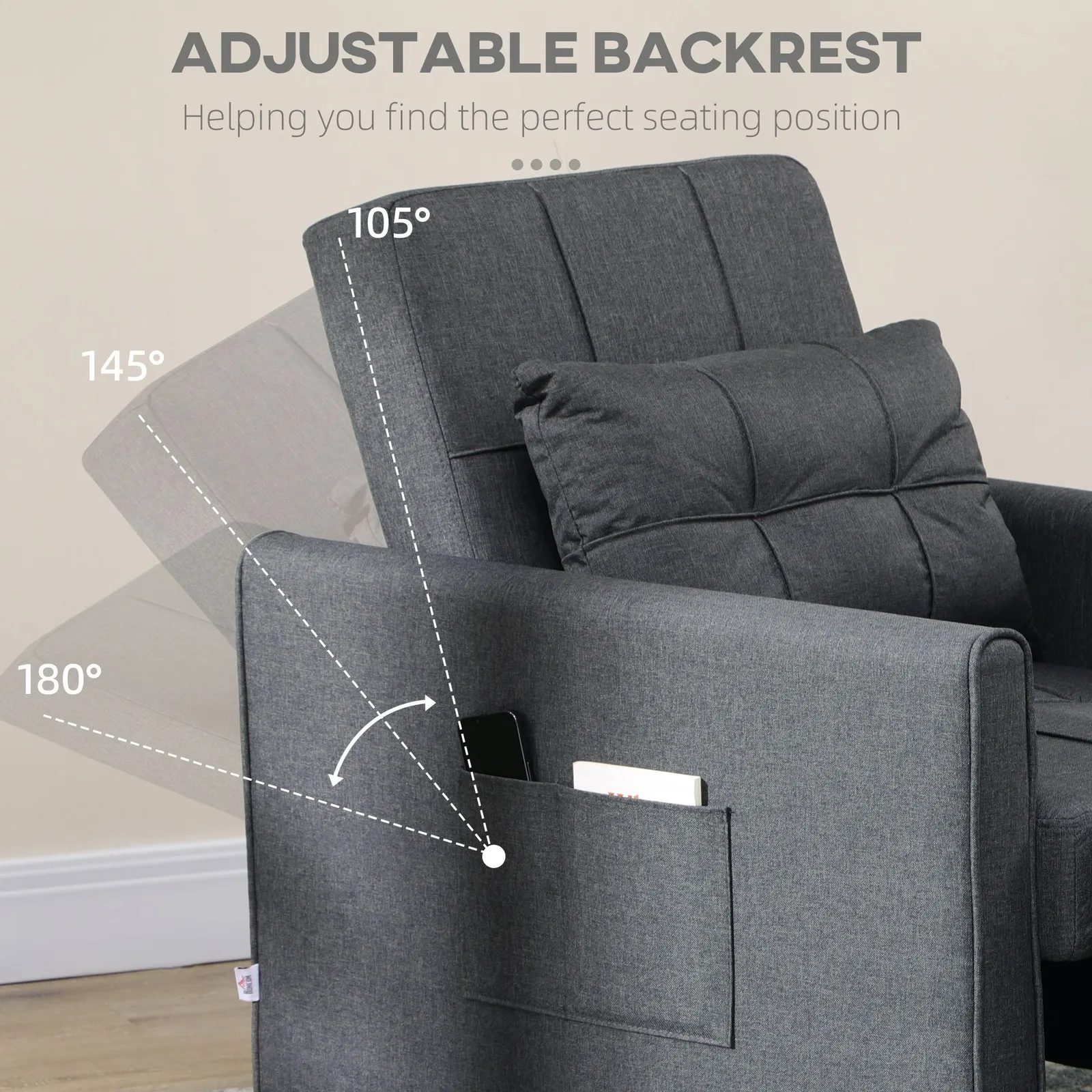 HOMCOM Folding Chair Bed, Fold Out Bed with Pillow & Side Pockets in Dark Grey 5