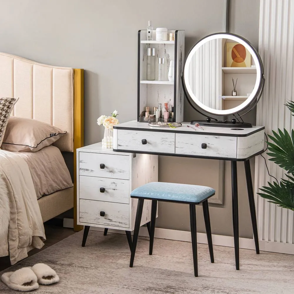 Costway Dressing Table Vanity Set Stool Light 3-Drawer Chest Storage-White in White 3