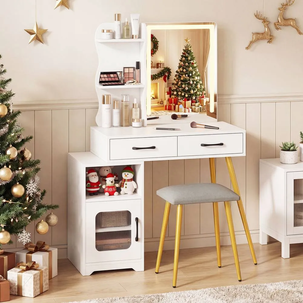 Costway Modern Vanity Set w/ Drawer & Lights Makeup Dressing Table w/ Stool in White 4