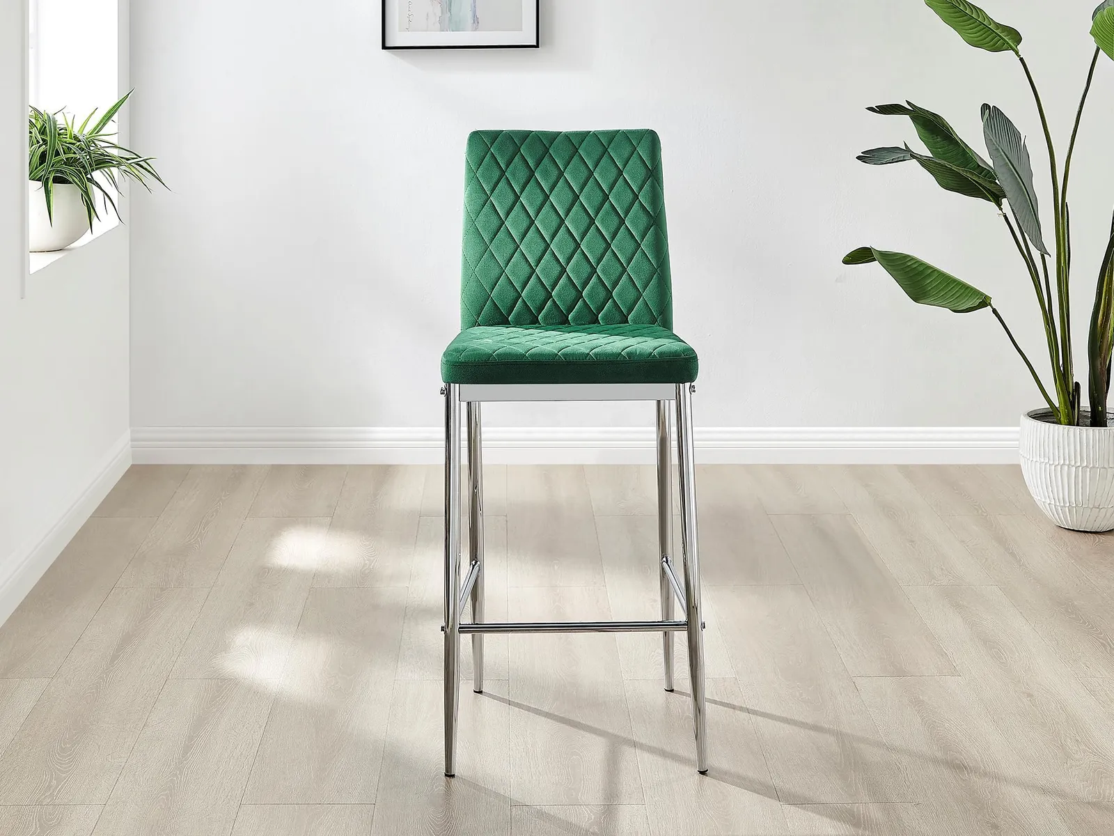 FurnitureboxUK Set of 2 Milan Soft Touch Hatched Velvet Padded Counter Stools With Silver Chrome Metal Legs in Green 3