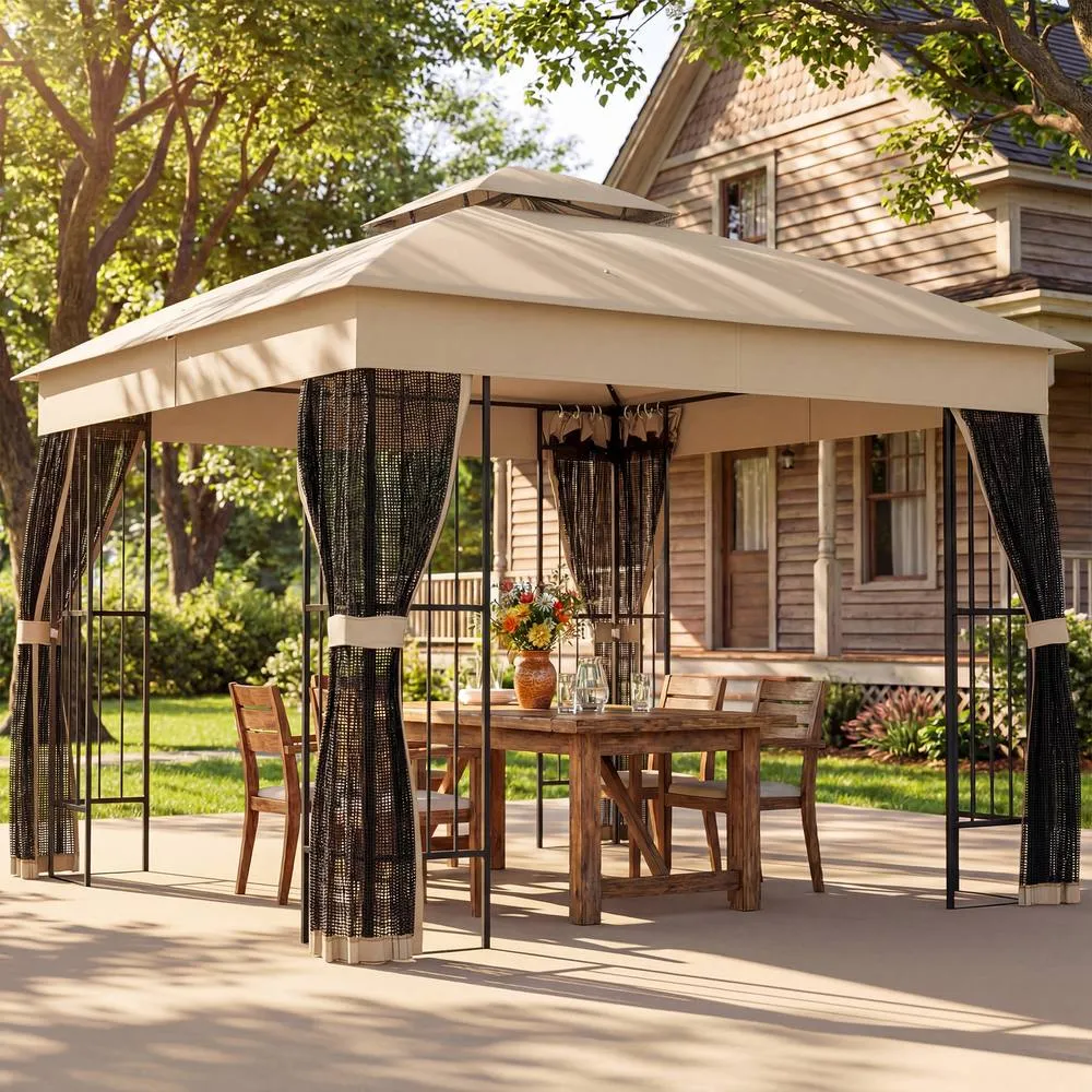 OUTSUNNY 3 x 3 m Garden Gazebo with Shelves, UPF50+ Permanent Gazebo in Beige
