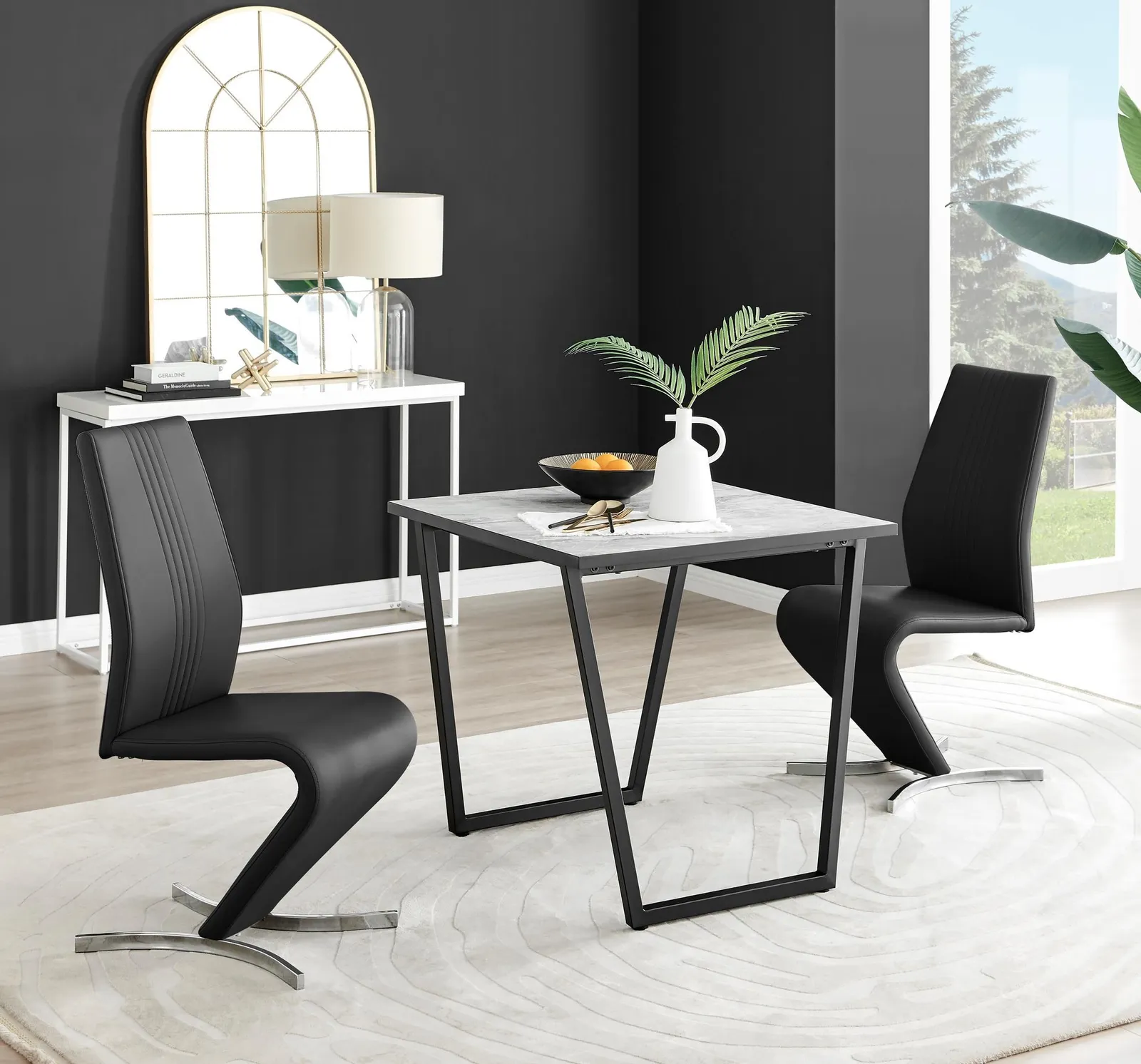 FurnitureboxUK Carson White Marble Effect Square Dining Table & 2 Faux Leather Willow Chairs in Black 1