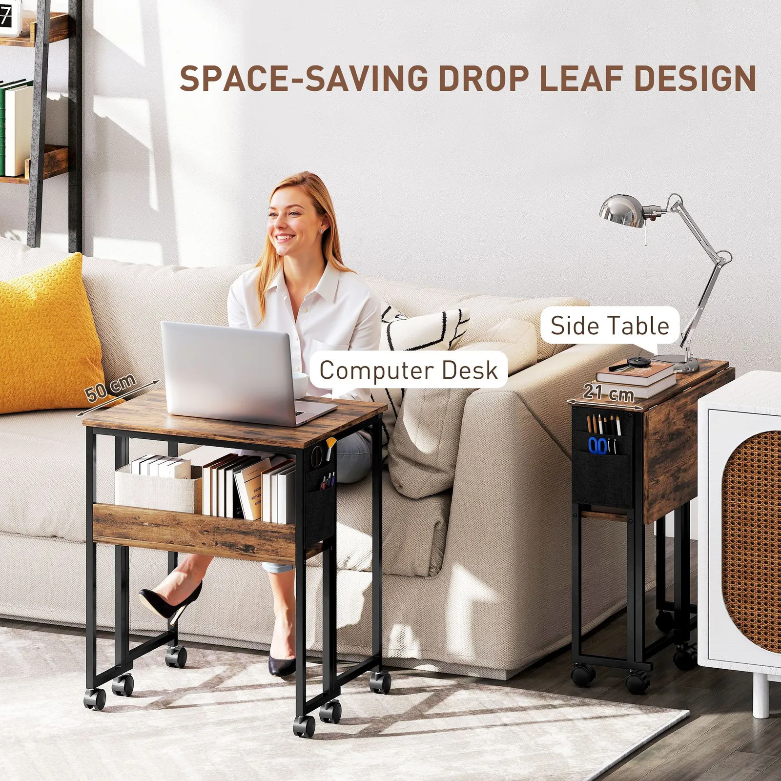 HOMCOM 63 cm Foldable Computer Desk on Wheels for Small Spaces Rustic Brown 4