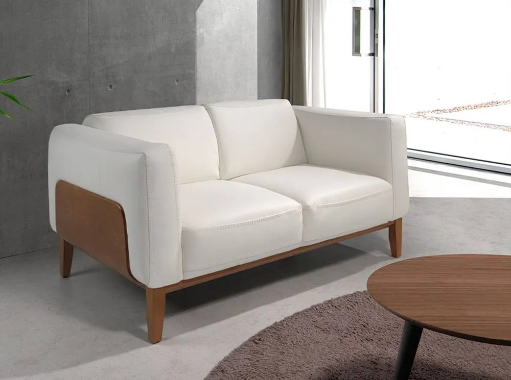Angel Cerda White 2-Seater Cowhide Leather Sofa, Walnut Legs 3