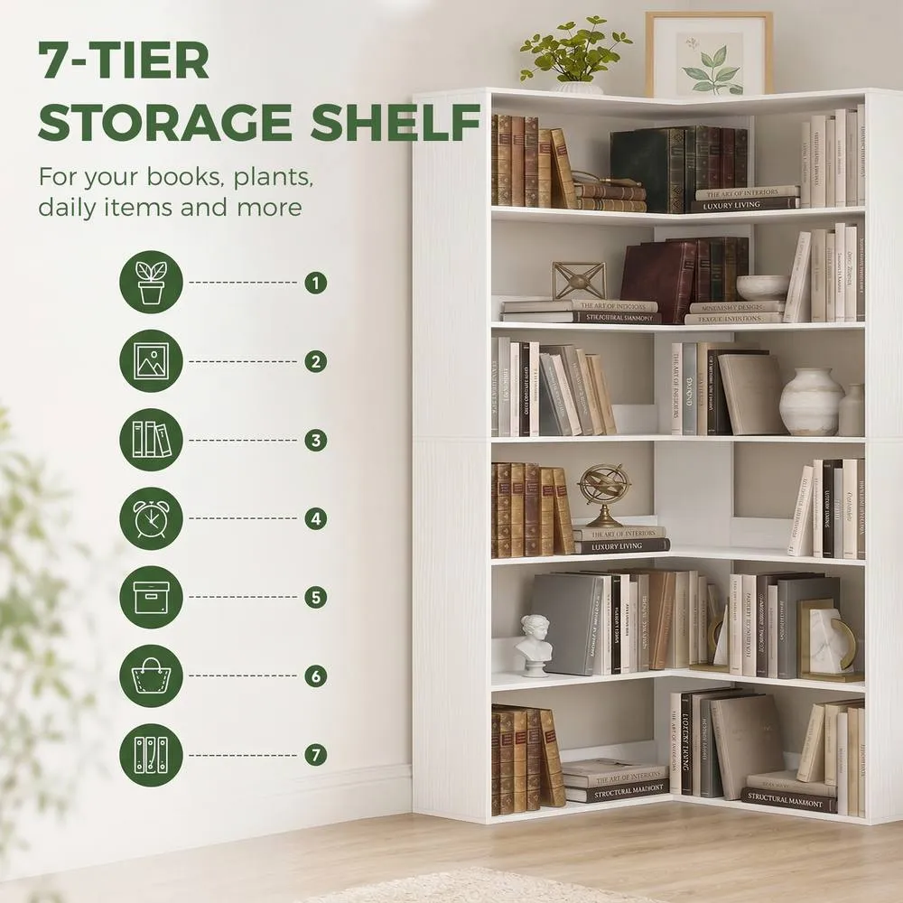 HOMCOM 7 Tiers Corner Bookshelf, L-Shaped, White Wood Effect 5