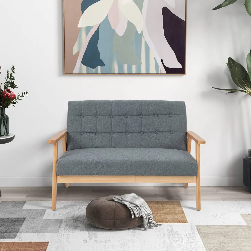 Costway Linen Loveseat Sofa 2-seat Cushioned Couch with Rubber Wood Frame-Grey in Grey 3