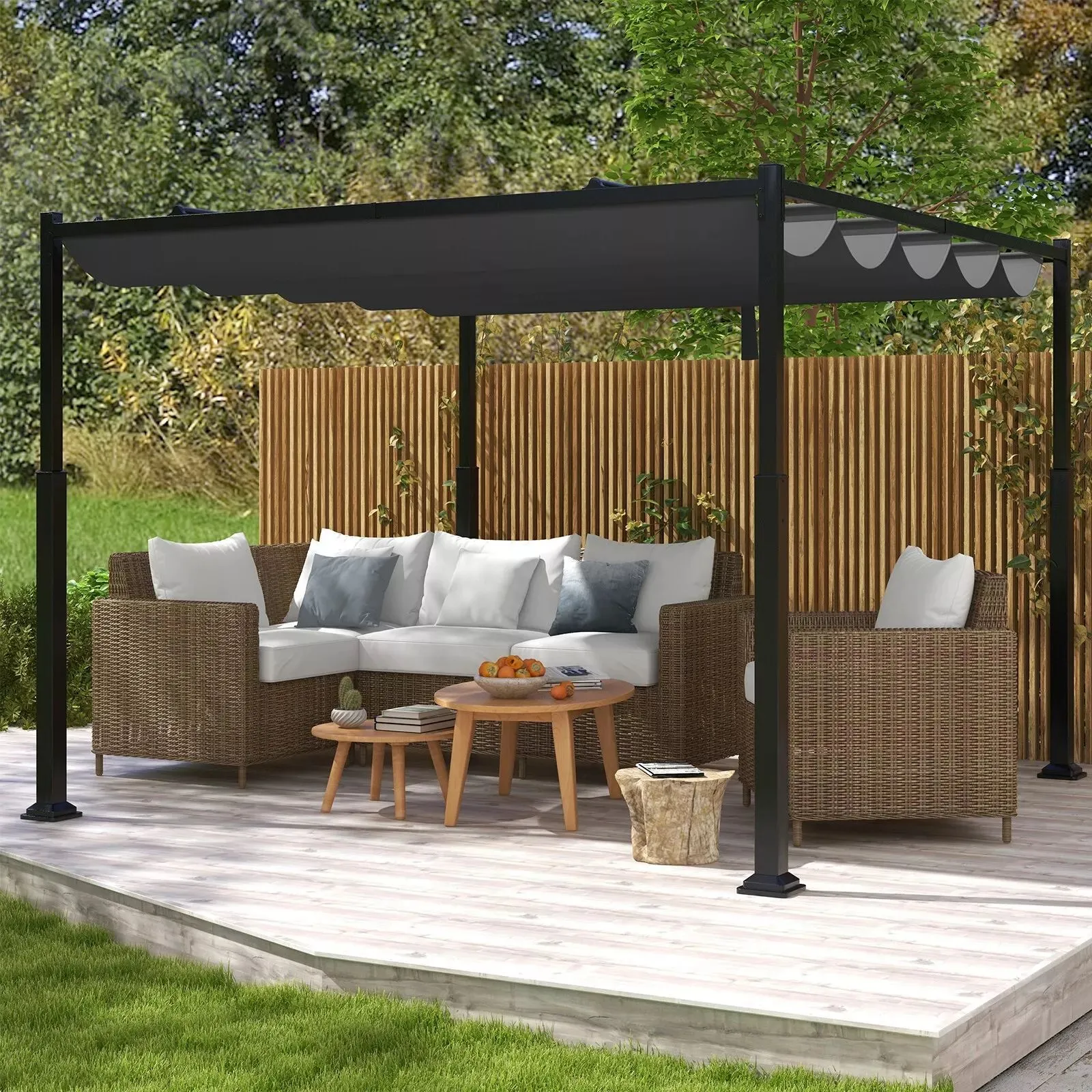 Costway 310x310cm Outdoor Pergola Heavy-Duty Metal Columns w/ Retractable Canopy in Grey 4