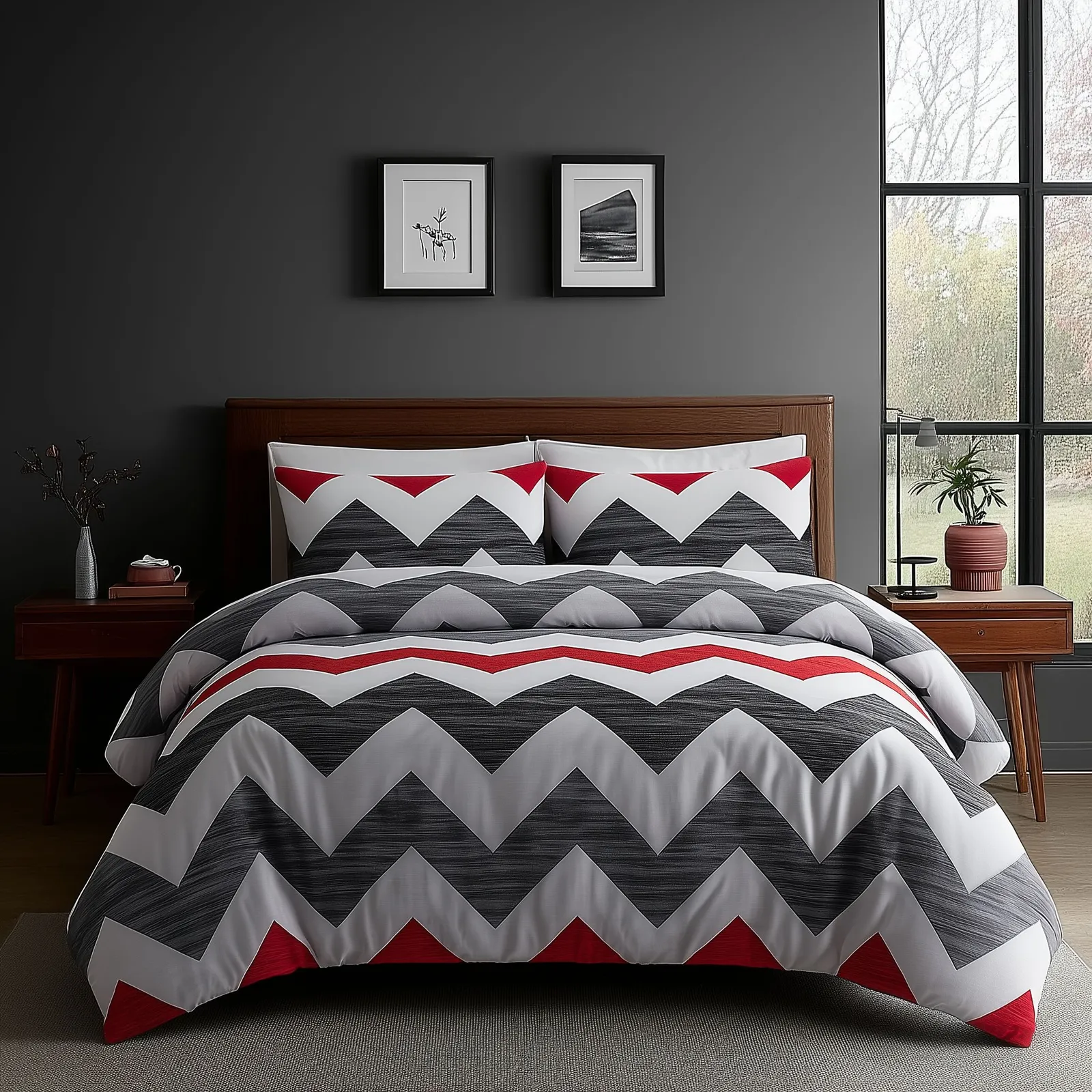 Snug City Duvet Cover & Pillowcase Set Zig Zag Reversible Design Bed Linen in Grey