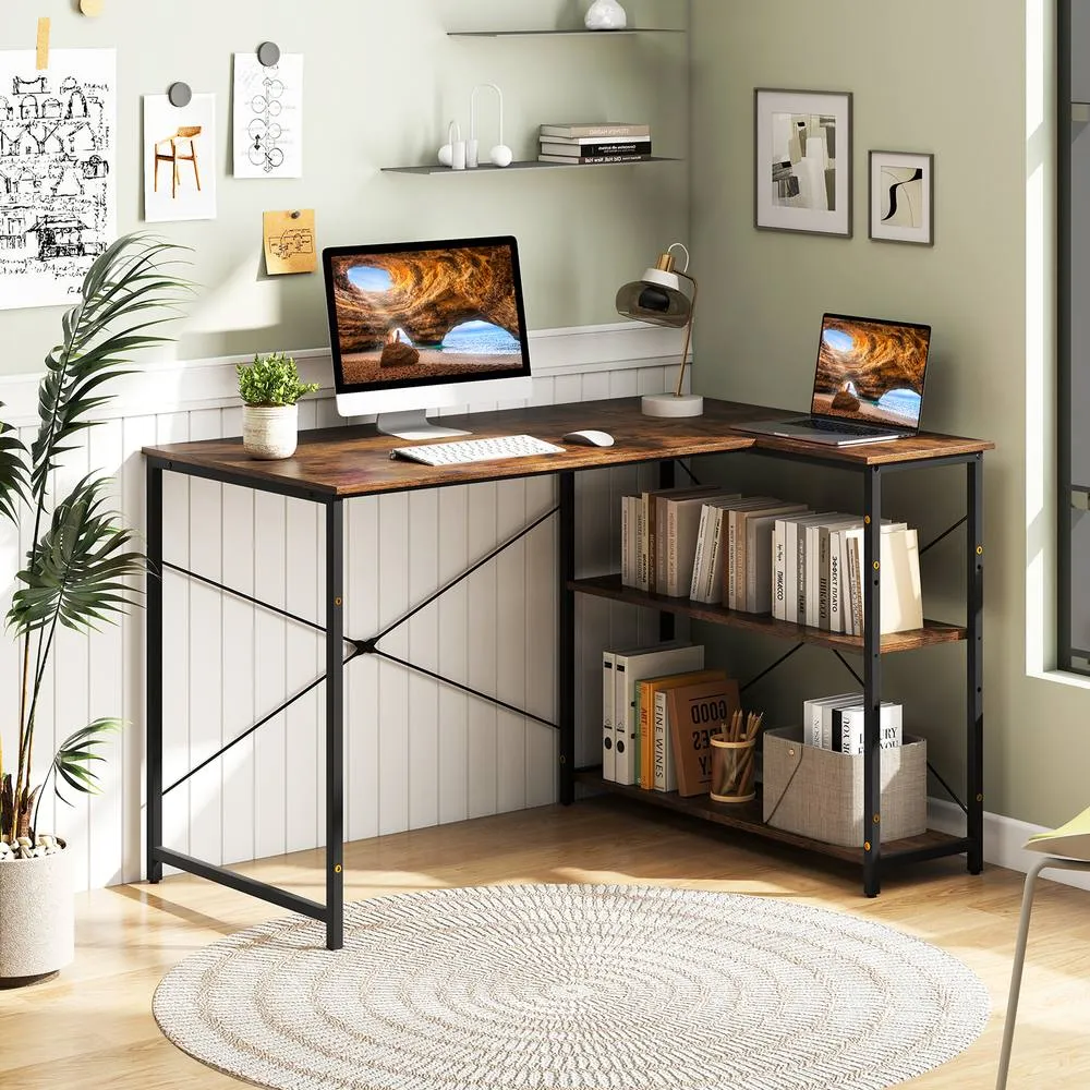 Costway L-shaped Computer Desk Reversible Corner Desk Brown 2