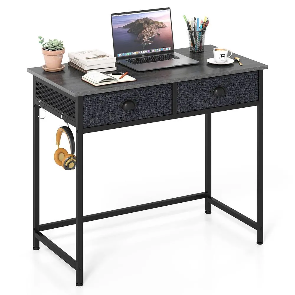 Costway Computer Desk Space Saving Home Office Desk w/2 Fabric Drawers in Grey
