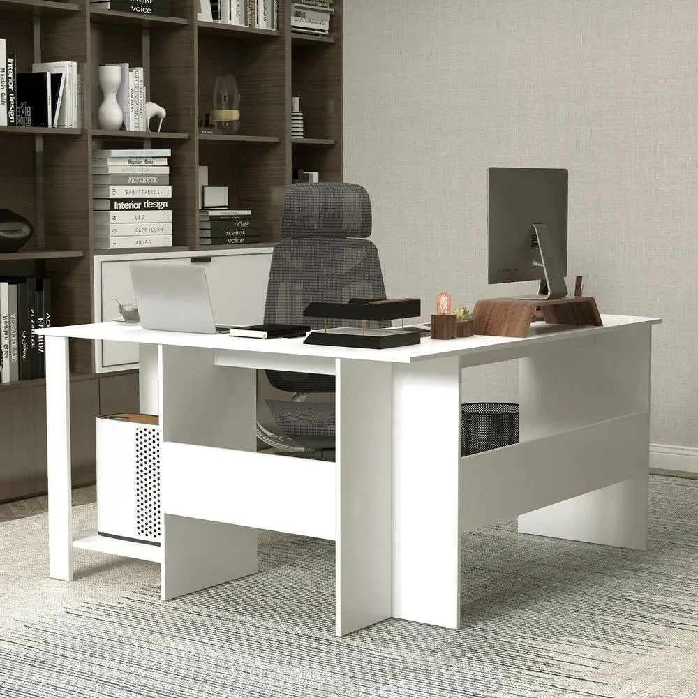 Costway L-Shaped Corner Computer Desk Table Workstation Home Office in White 3