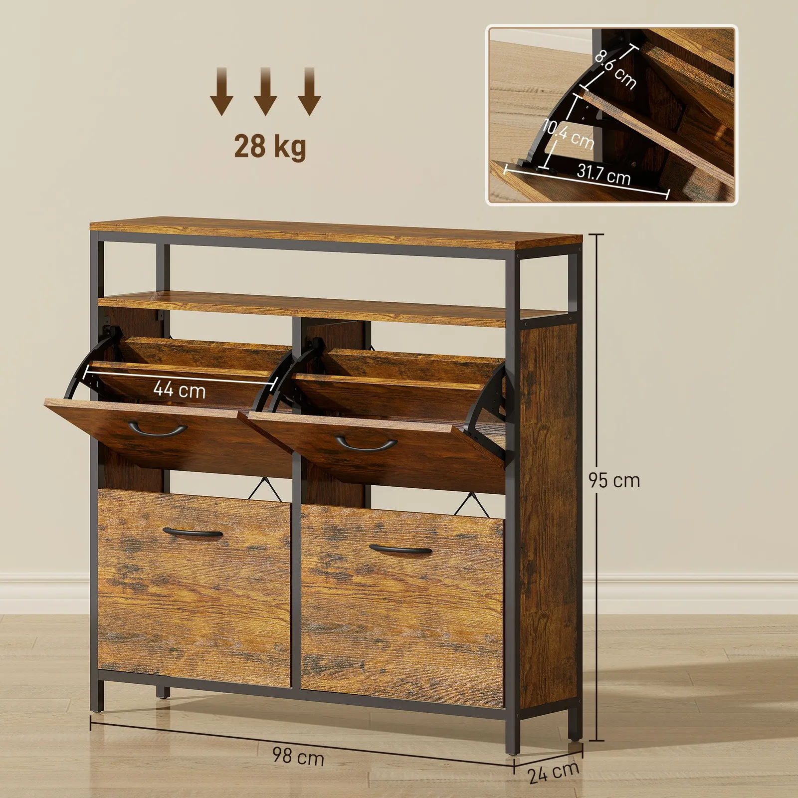 HOMCOM Shoe Cabinet with 4 Flip Drawers, Holds 12-20 Pairs in Brown 3