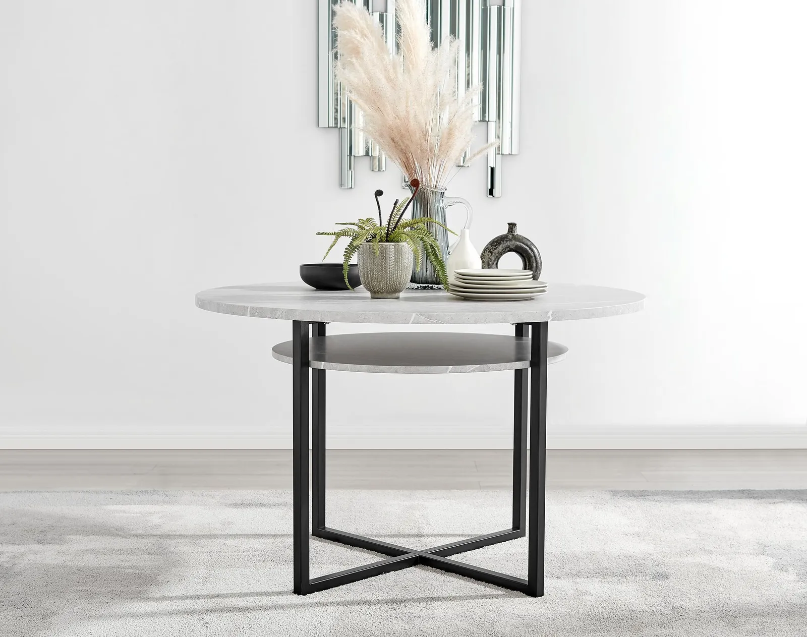 FurnitureboxUK Adley Grey Concrete Effect Round Dining Table & 4 Falun Black Leg Fabric Chairs in Blue 6