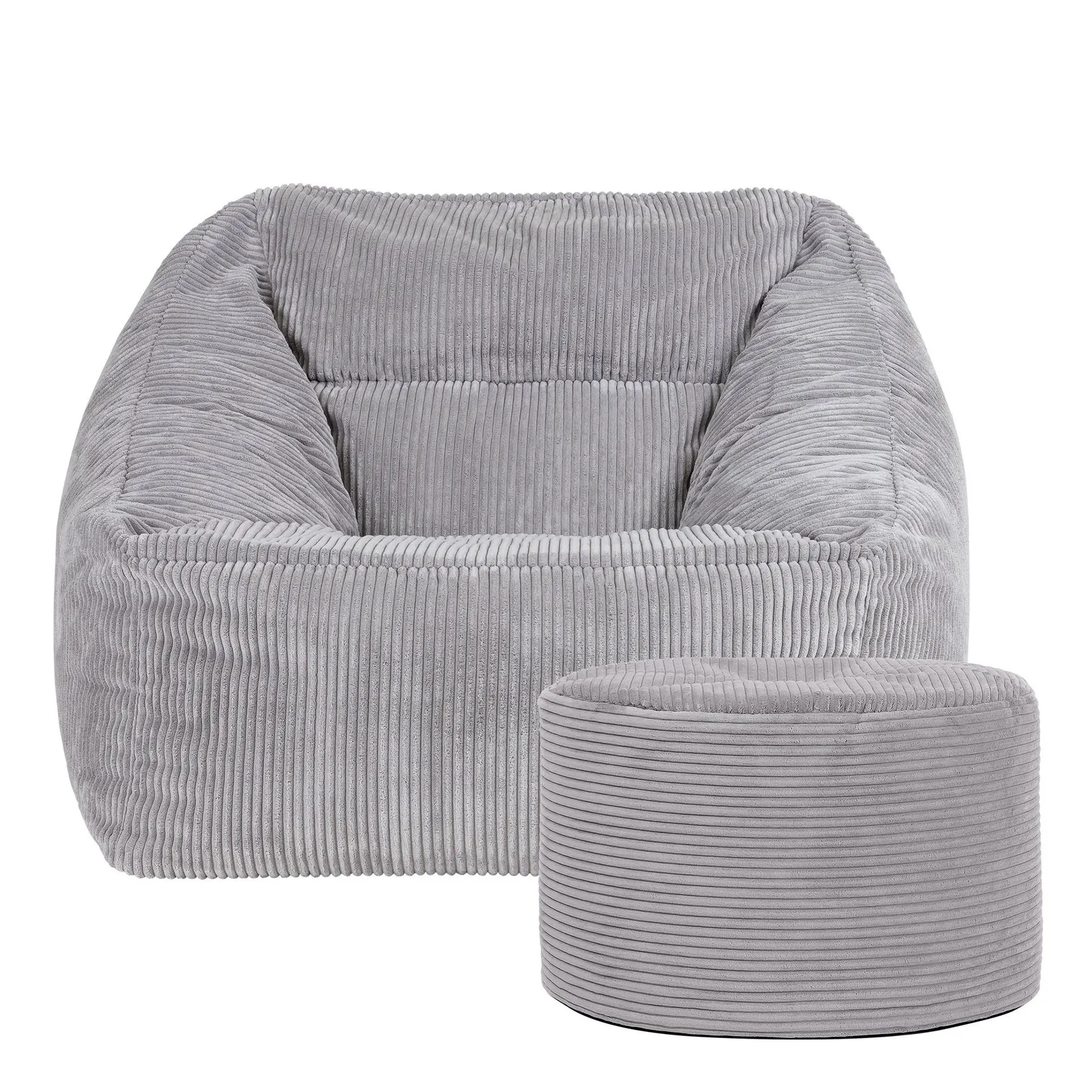 icon Corduroy Bean Bag Armchair & Round Beanbag Footstool in Light Grey