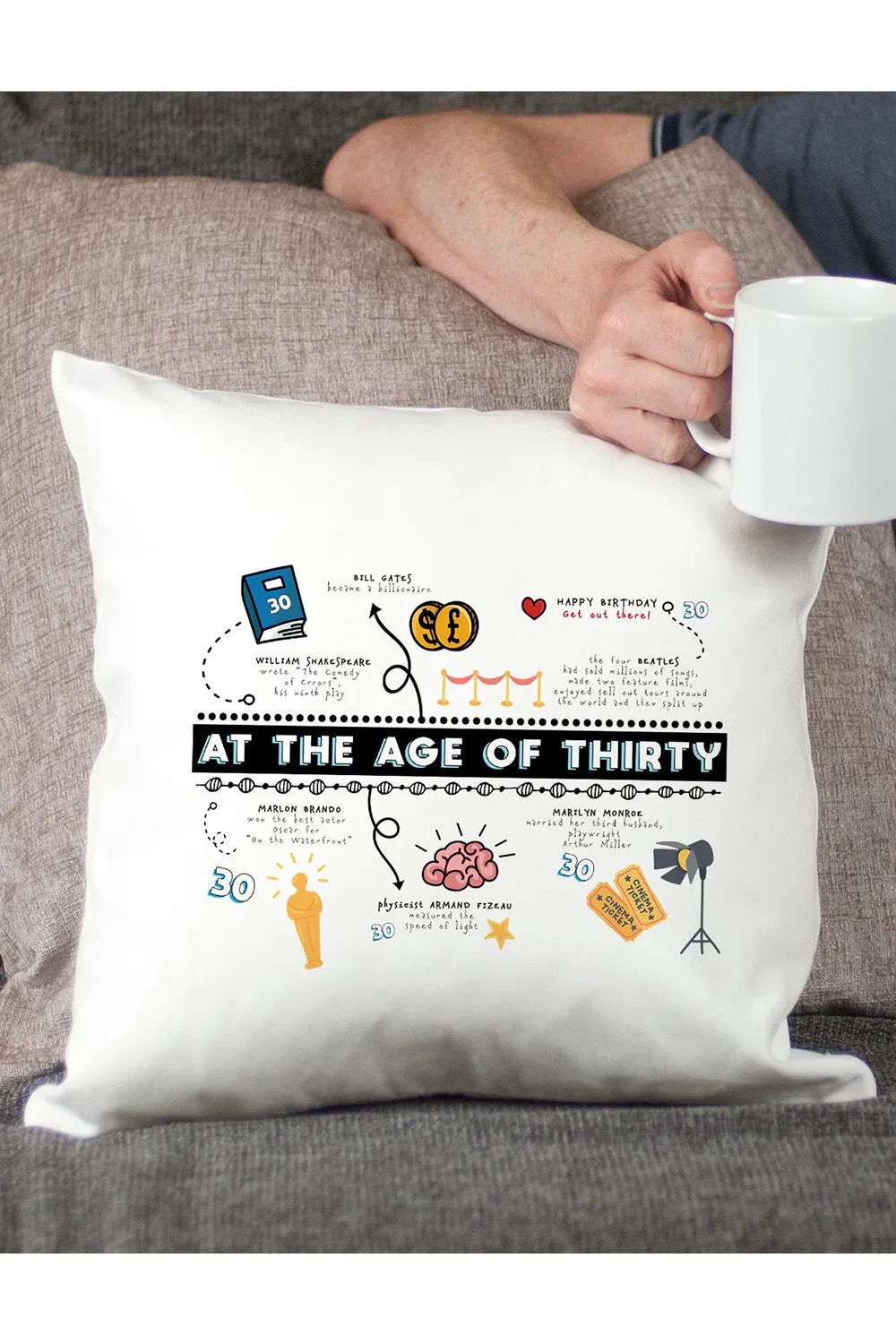 Afewhometruths 30th Birthday Fun Facts Cushion Gift in Off-White