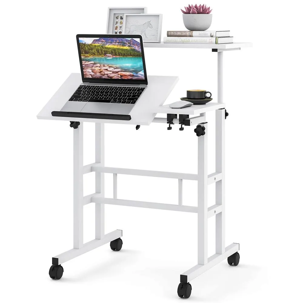 Costway Standing Computer Desk Mobile Sit to Stand Desk Laptop Cart in White