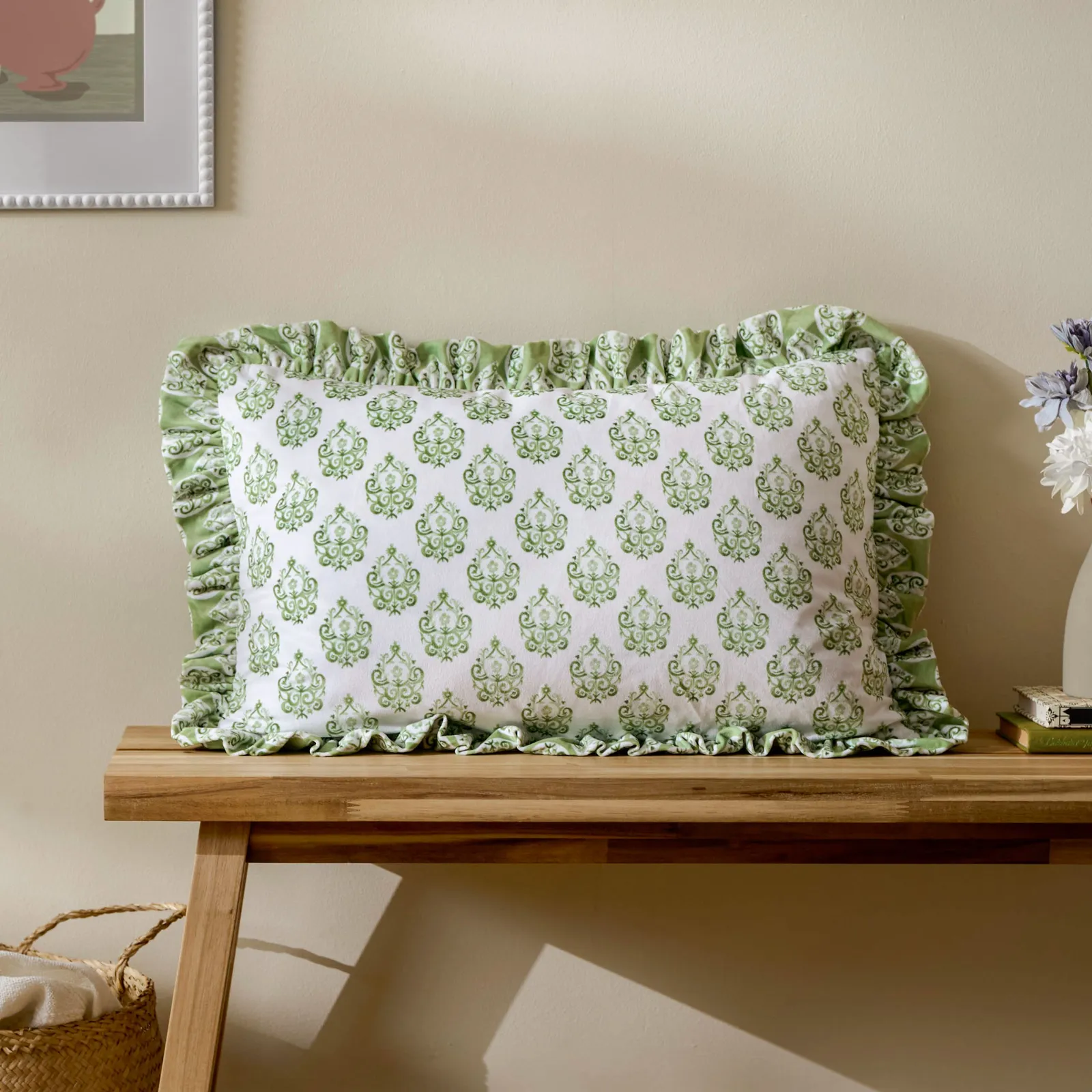 Furn Krissa Block Printed Velvet Cushion in Green