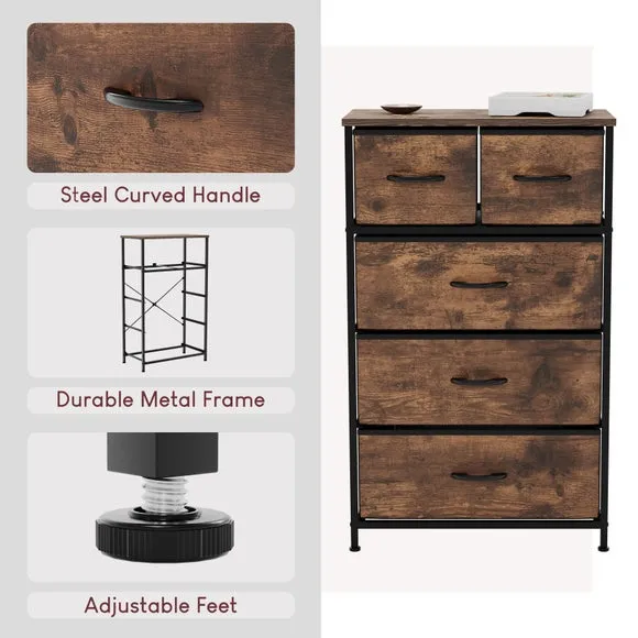 Return - Maye 5 Drawer Fabric Chest, Rustic Wood Effect 3