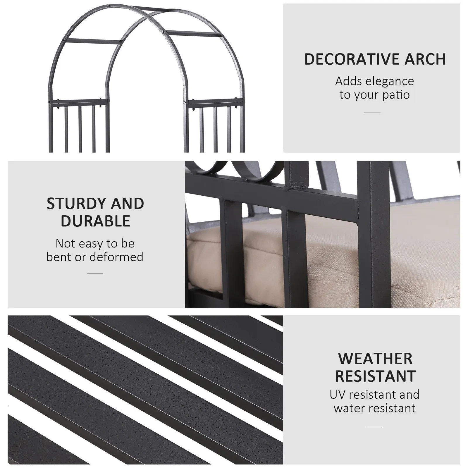 OUTSUNNY Garden Arbor Arch Metal Bench Padded Seat Outdoor Decoration Patio in Dark Grey 5