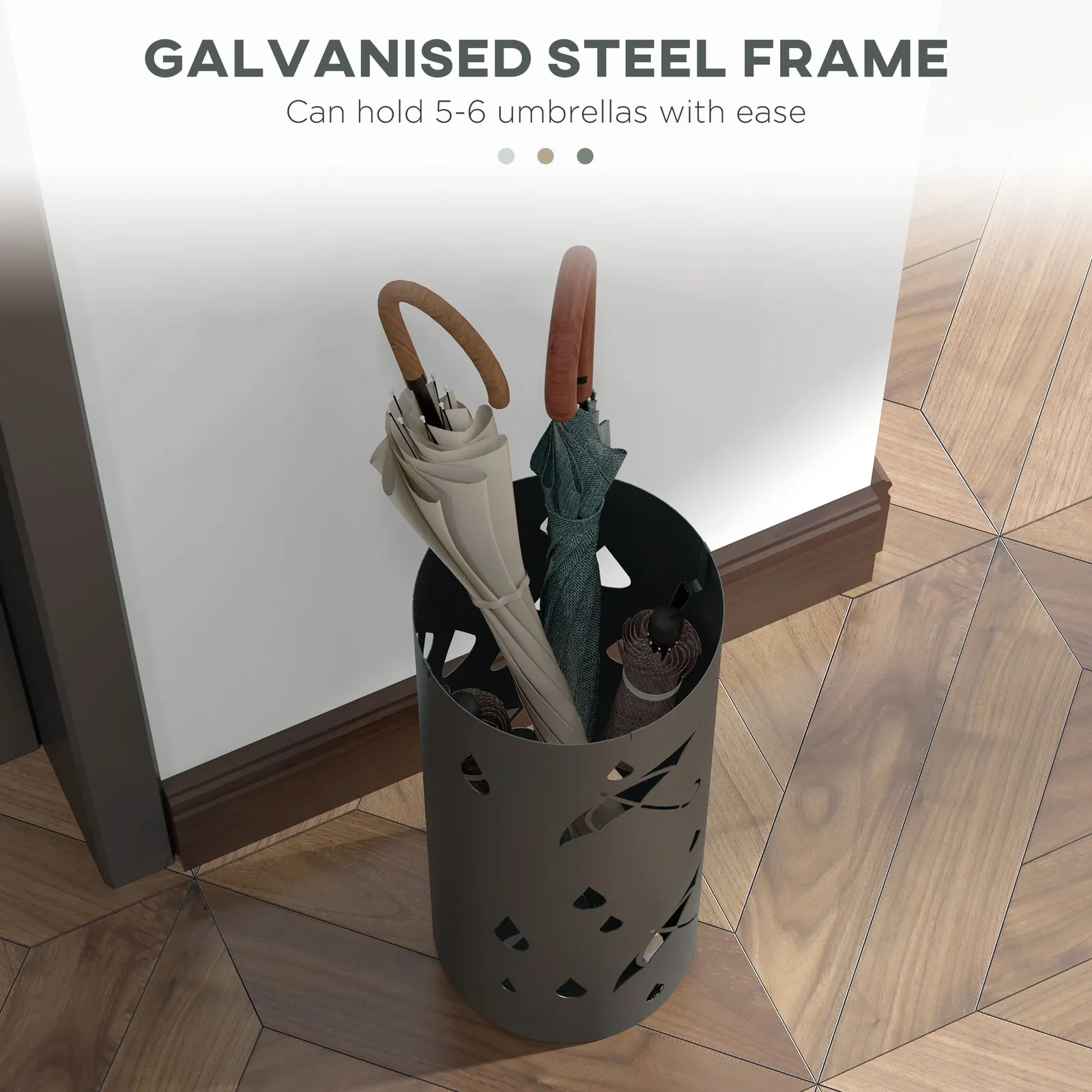 HOMCOM Round Umbrella Stand Umbrella Holder for Hallway with 4 Hooks in Dark Grey 4