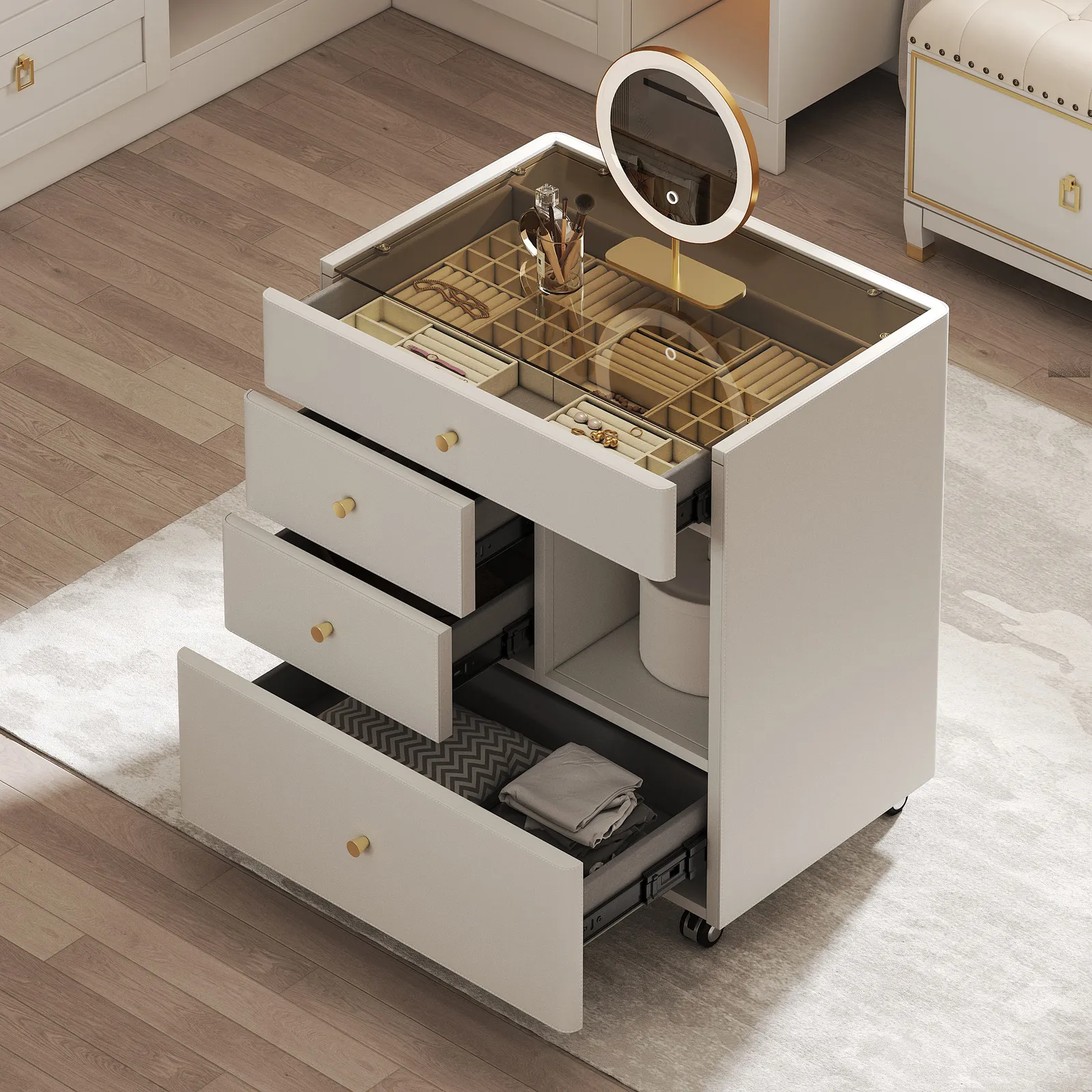 Leather Glass Saddle Walk-In Wardrobe Island Jewellery Dresser with Top