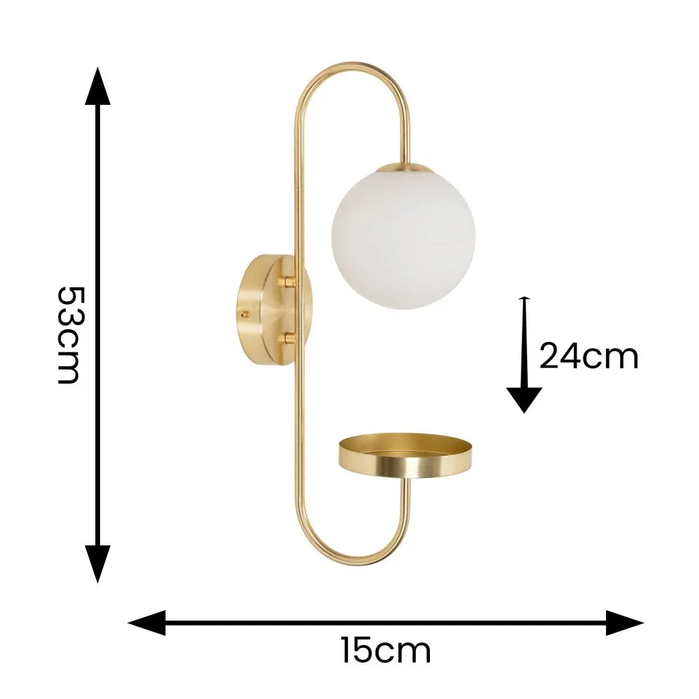 ValueLights Milo Frosted Glass Globe Shade Curved Wall Light with Shelf & LED Bulb in Gold 6