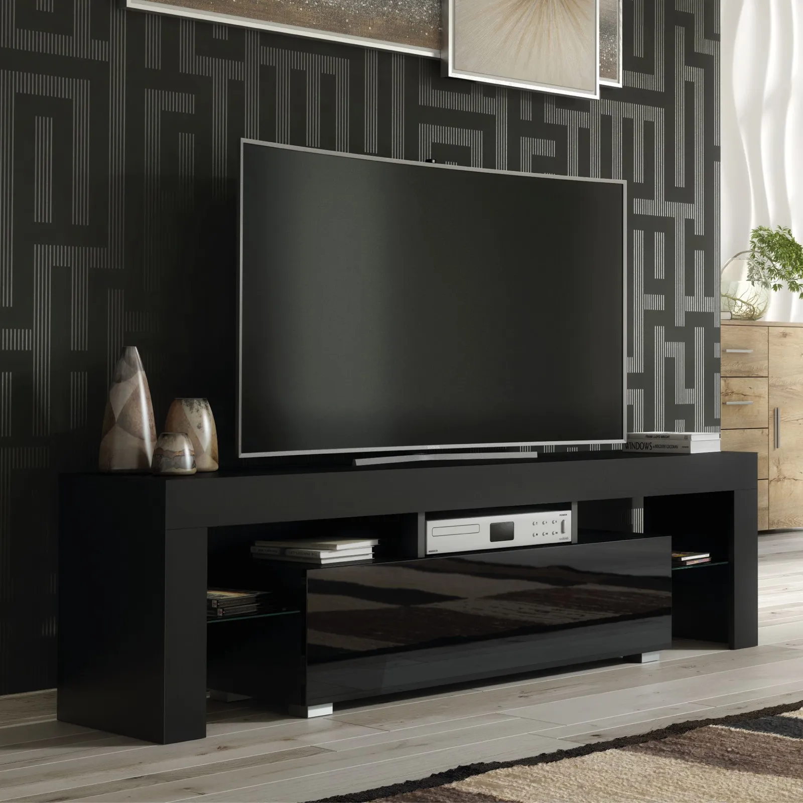 Creative Furniture TV Unit 160cm Stylish Modern - Black with High Gloss Doors