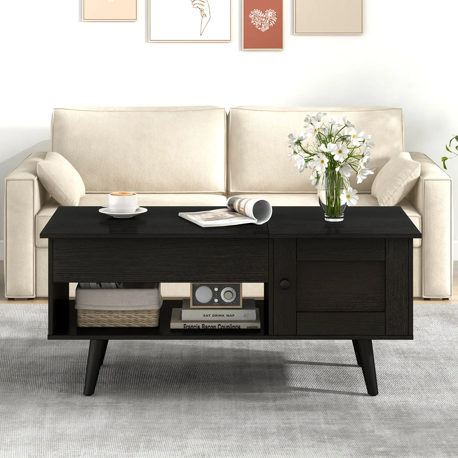 Costway Lift Top Coffee Table Pull up Coffee Table with Storage in Black 5