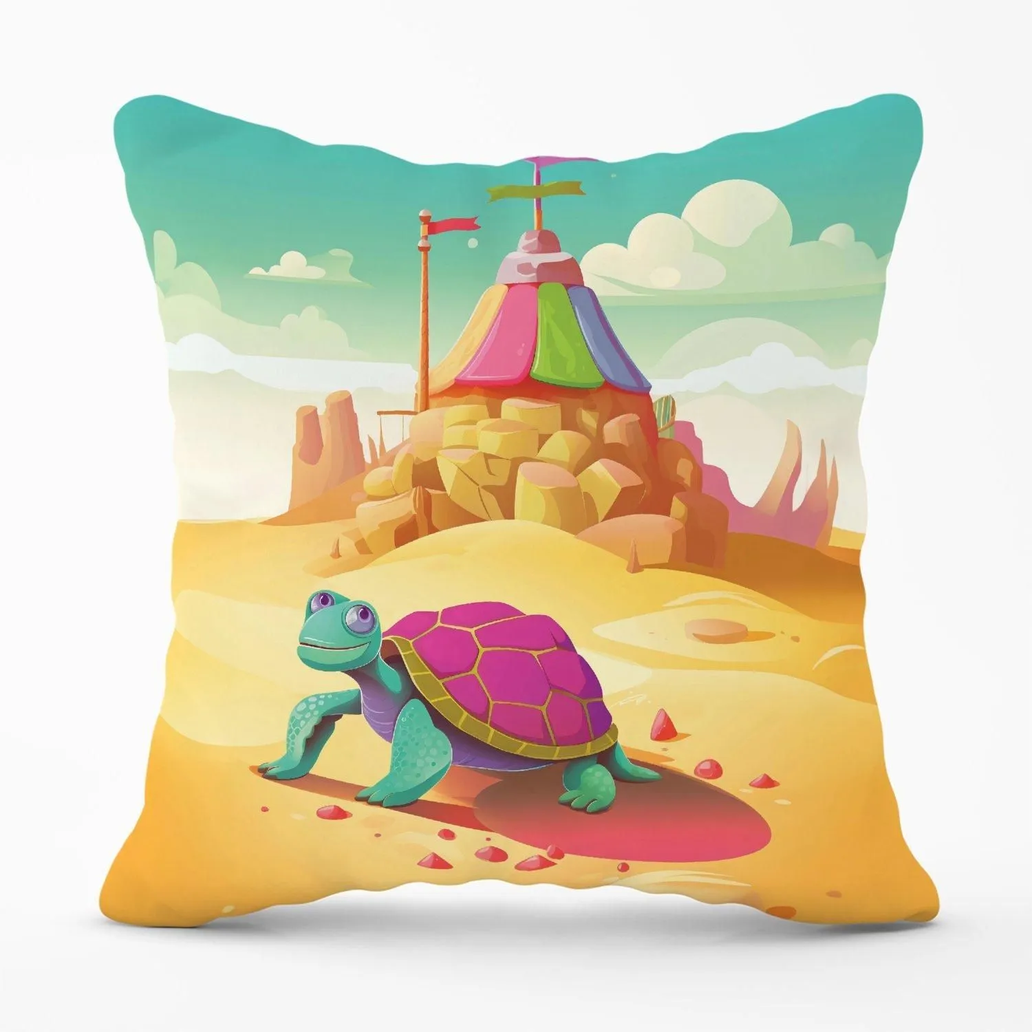 Warren Reed - Designer Turtle On A Beach Holiday Outdoor Cushion in Yellow