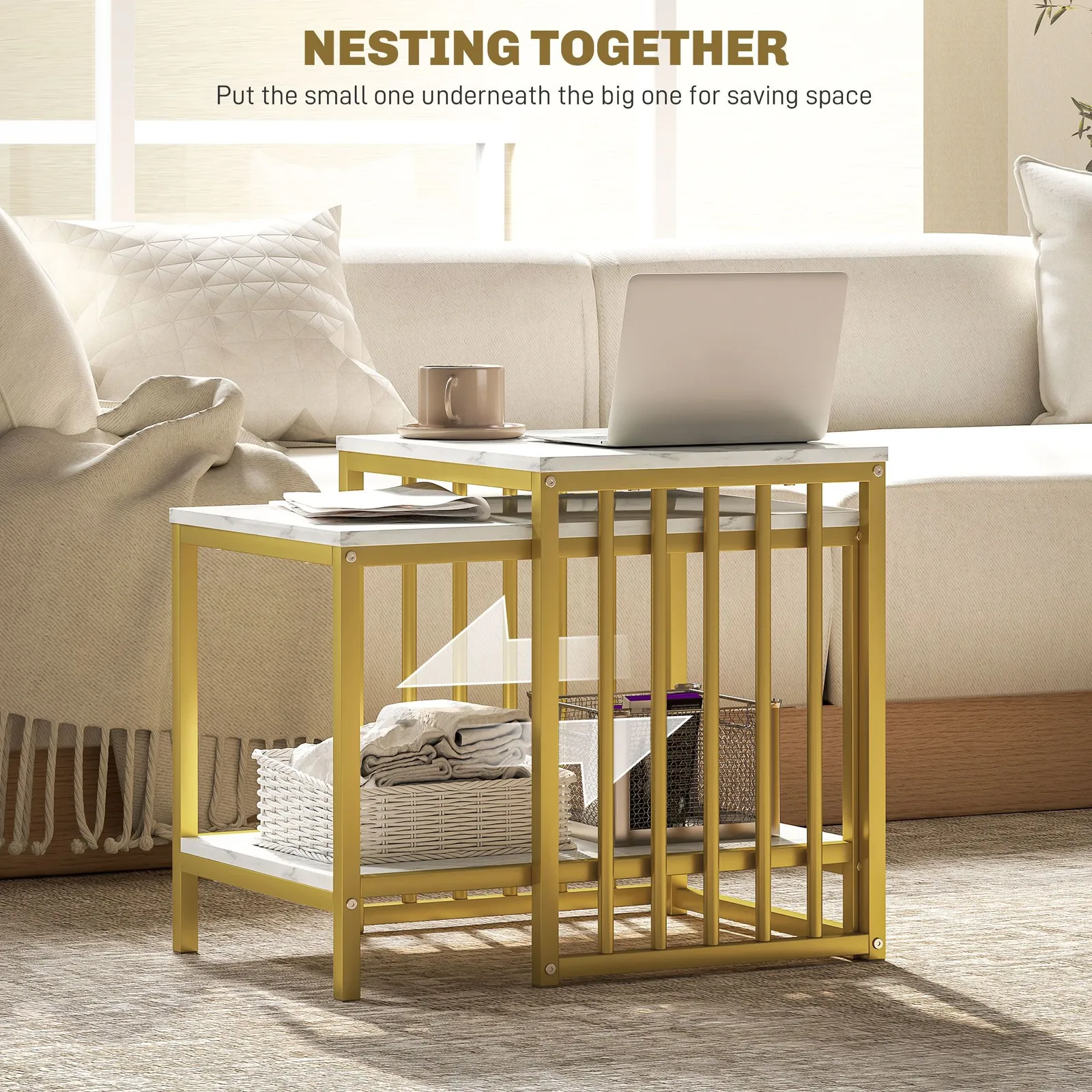 HOMCOM Modern Coffee Table Set of Two w/ Steel Frame Marble-Effect Gold Tone 4
