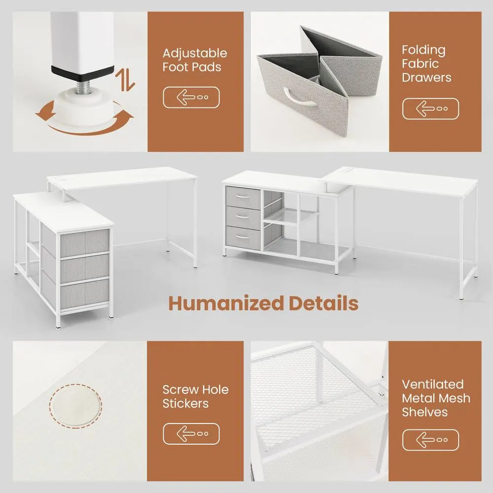 Costway L-Shaped Computer Desk with Drawers & Shelves in White 4