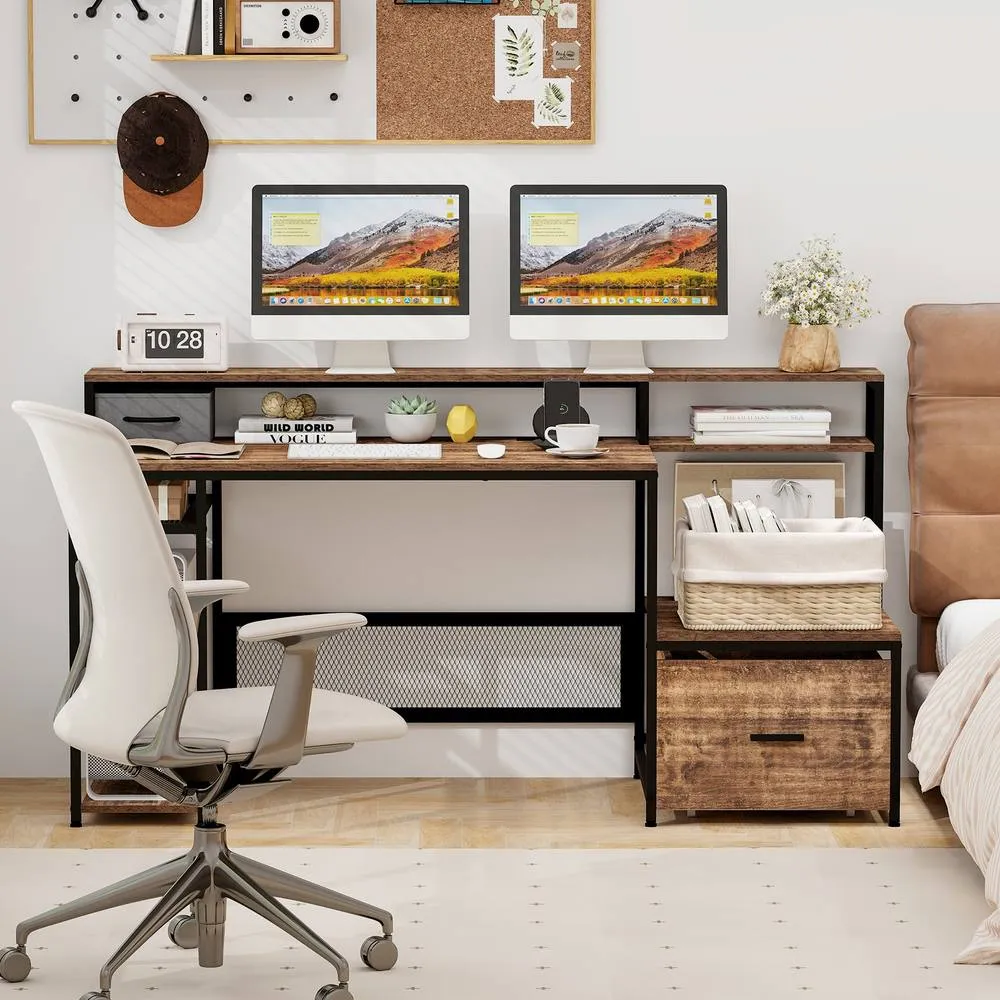 Costway 170CM Computer Desk w/Monitor Stand & File Drawer Writing Desk in Brown 6