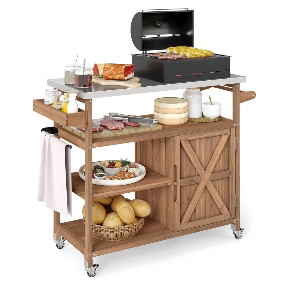 Costway Wooden Grill Cart Outdoor Kitchen Island w/ Stainless Steel Top in Brown