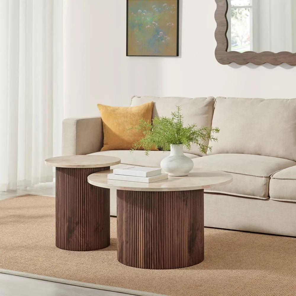 FurnitureboxUK Penrose Round Walnut & Cream Marble Effect Coffee Table 4