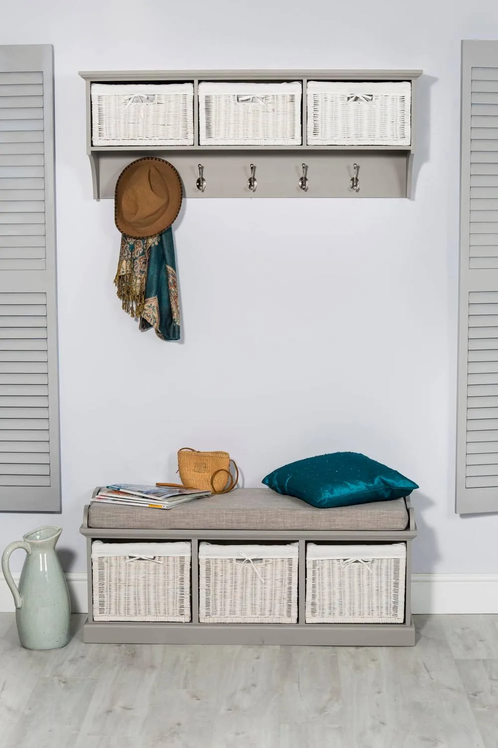 Statement Furniture Tetbury 3 White Wicker Basket & Grey Cushion Hallway Set in Light Grey 6