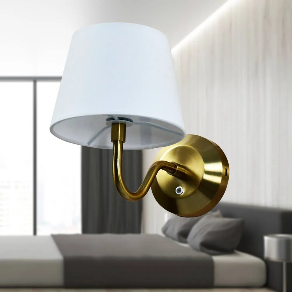 First Choice Lighting Hamilton - Satin Brass Rechargeable Wall Light with White Shade in Gold 6