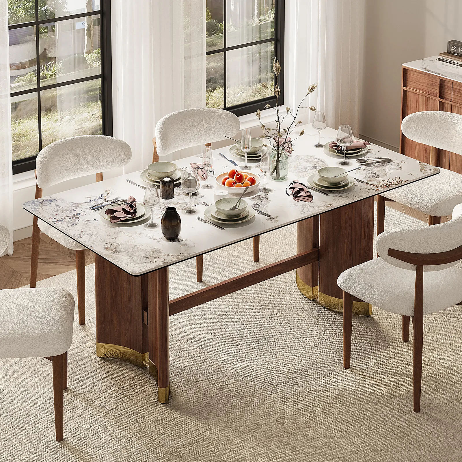 1800mm Sintered Stone Rectangular Dining Table with Doubel Pedestal Seats 6-8 People