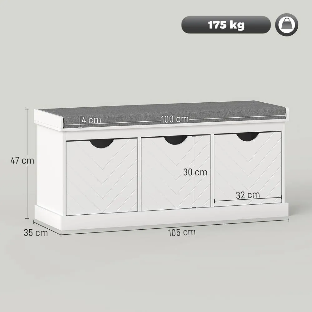 HOMCOM Shoe Storage Bench with 3 Removable Drawers & Padded Seat, White 3