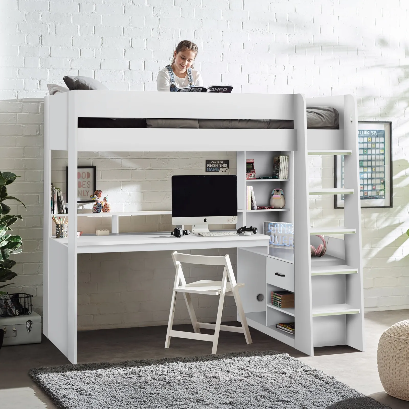 Blaze – Single – Gaming Bed with Desk and Shelving Unit – White – Wooden – 3ft - Happy Beds