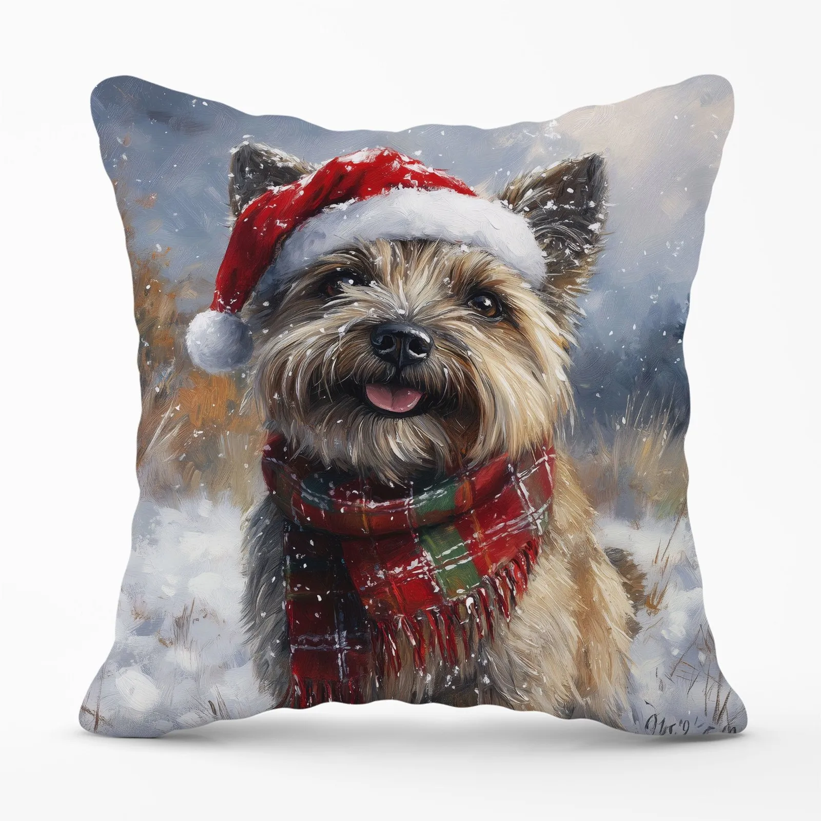 Warren Reed - Designer Christmas Cairn Terrier Cushion in Brown