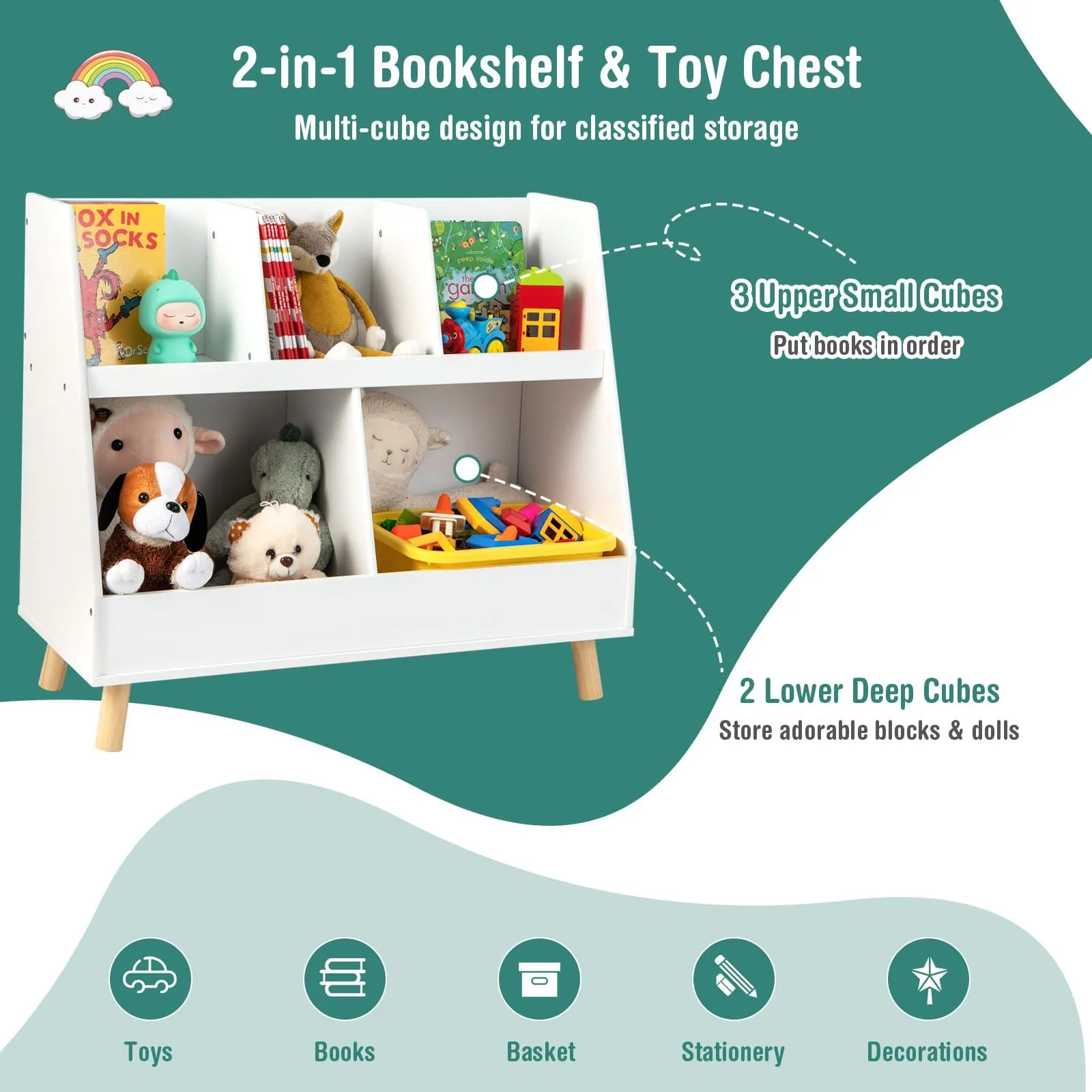 Costway 5Cube Bookshelf & Toy Organizer Wooden Storage Bookcase w/ Wood Legs in White 4