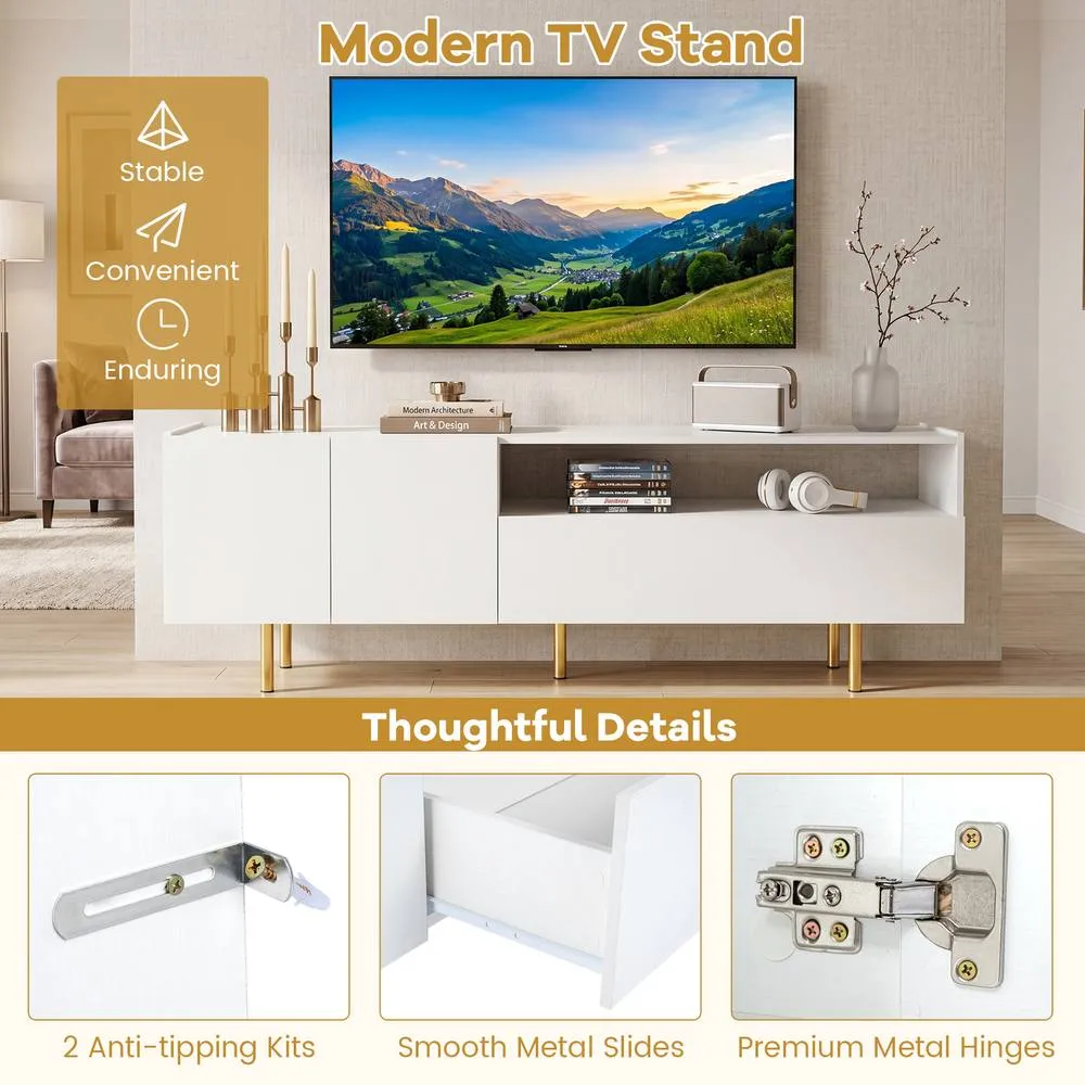 Costway TV Stand for 70" TVs Modern Entertainment Center w/ 2 Doors & Drawer in White 4