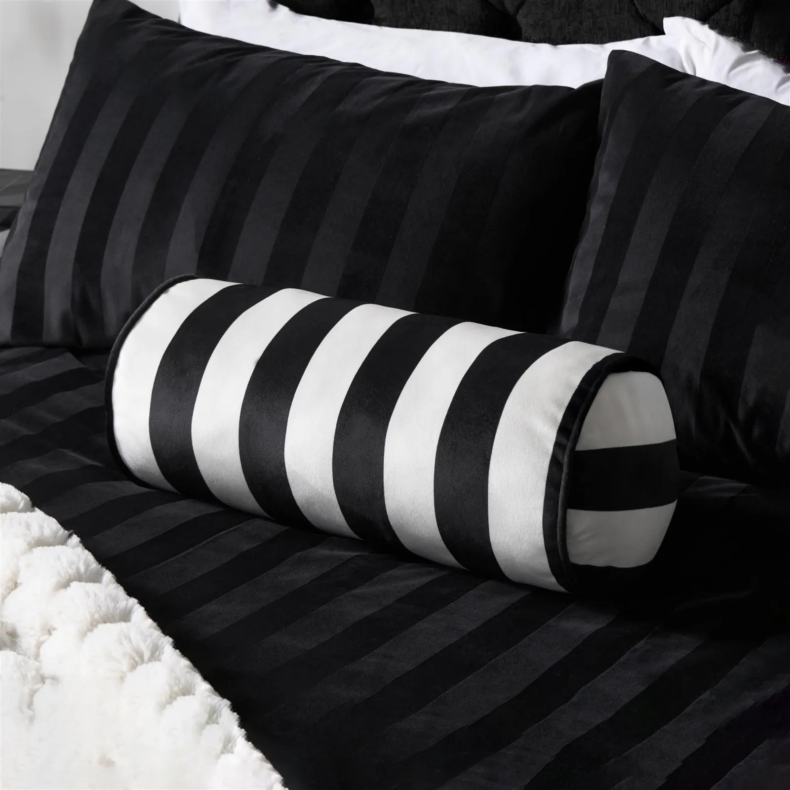 OHS Matte Velvet Stripe Bolster Pillow Soft Cylindrical Cushion in White