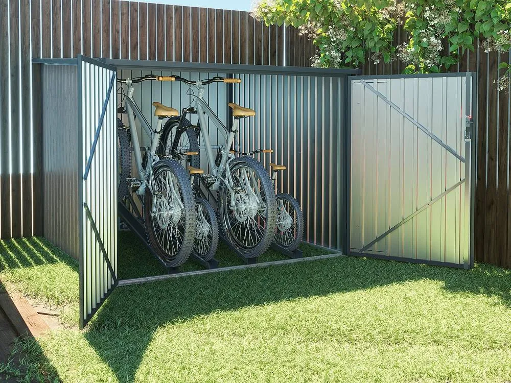 Vente-unique 4-Bike Metal Bike Shed - Galvanized Steel With Wood Effect - 4 M² in Walnut
