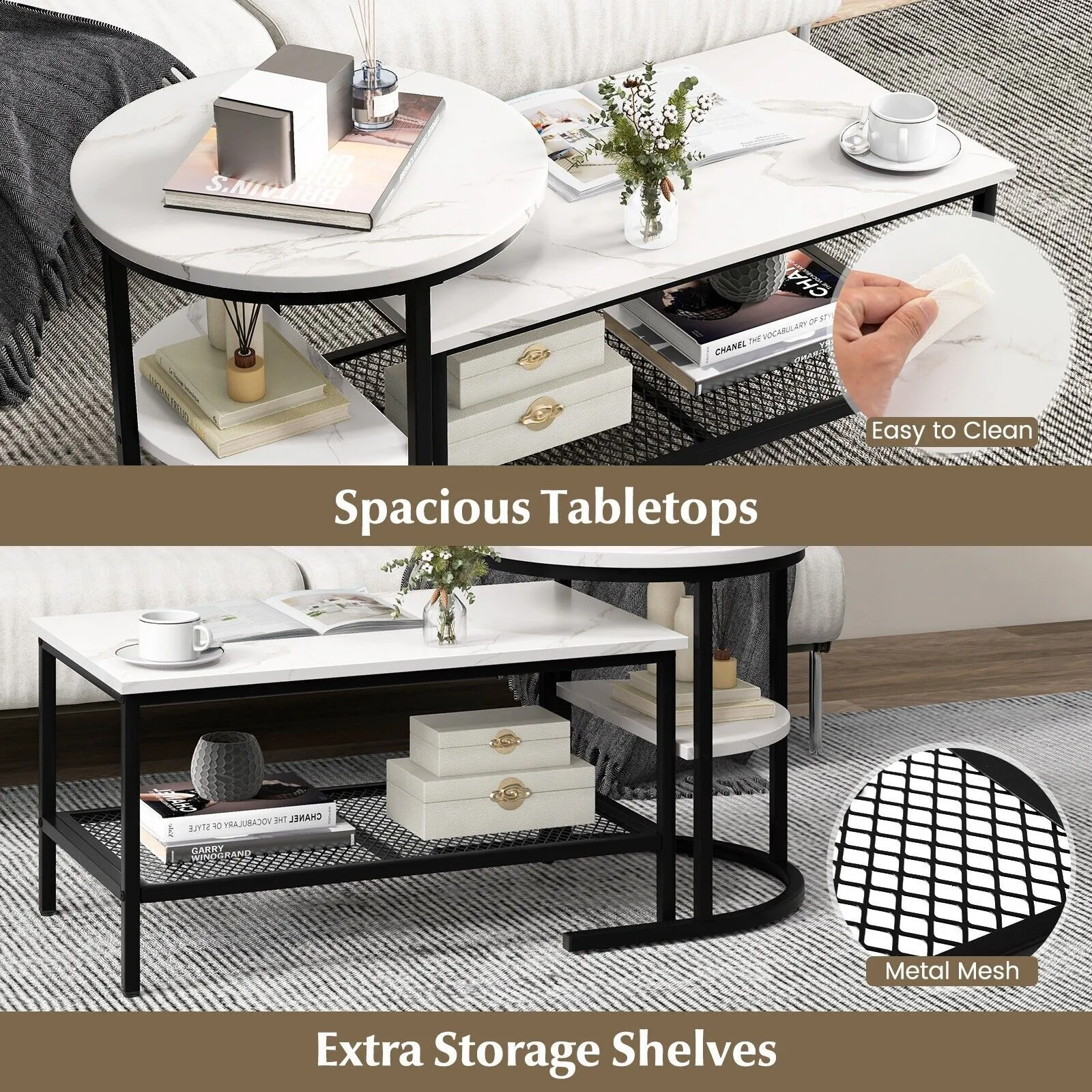 Costway Set of 2 Coffee Nesting Table Set Detachable 2-Tier Sofa Side Table Faux Marble Tabletop in Black 5
