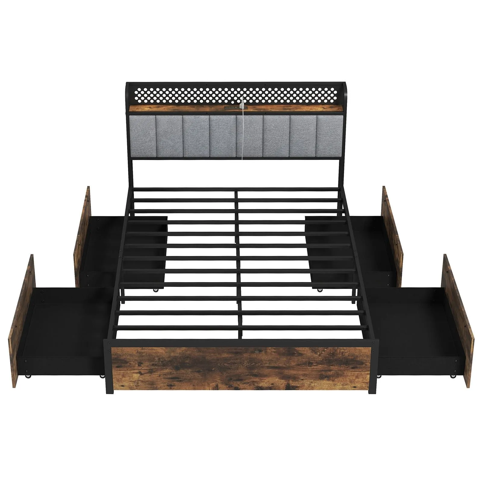 Costway King Bed Platform Bed with LED Lights & USB Power Outlets in Brown